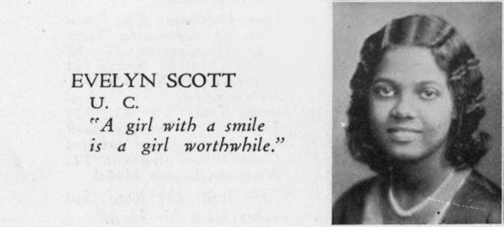 Evelyn Scott’s 1933 West High yearbook photo. This portrait was published two years after her father’s death and two years before her family lost their land in Southwest Minneapolis. She chose this quote to accompany her image: “A girl with a smile is a girl worthwhile.” Image courtesy the Hennepin County Yearbook Collection, Hennepin County Library.