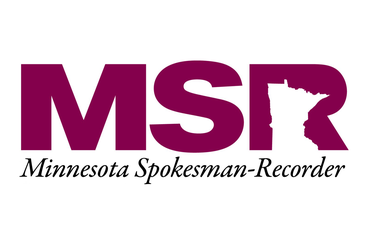 White background with burgundy text "MSR" where the cutout in the R is the state of MN, and below that in black it says "Minnesota Spokesman-Recorder"