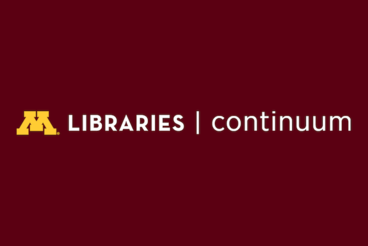 Burgundy background with gold stylized "M", white "LIBRARIES", a vertical line and the word in white: "continuum"