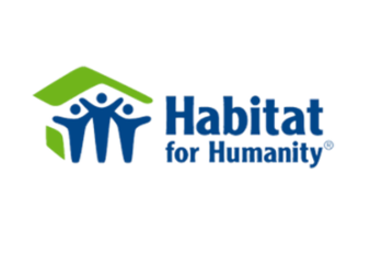 White background with blue text: "Habitat for Humanity" and to the left of that a green roof with 3 outlines of people underneath it in blue