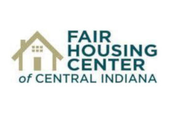 White background, blue text that says: "Fair Housing Center" one word each line, below that is "of Central Indiana" and to the left of that is a tan outline of a house