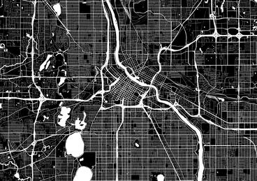 Black basemap with white streets and lakes zoomed in on Minneapolis