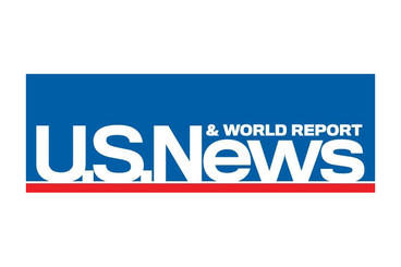Blue rectangle with white text and a red line on bottom of rectangle. Text says "U.S. News & World Report"