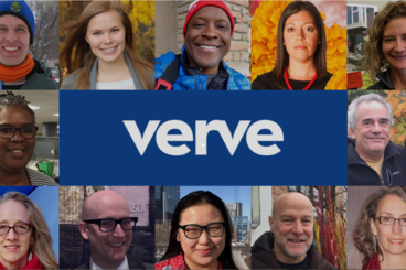 The word "verve" in white text against a blue background, with 12 headshots of people of various races all around the text.
